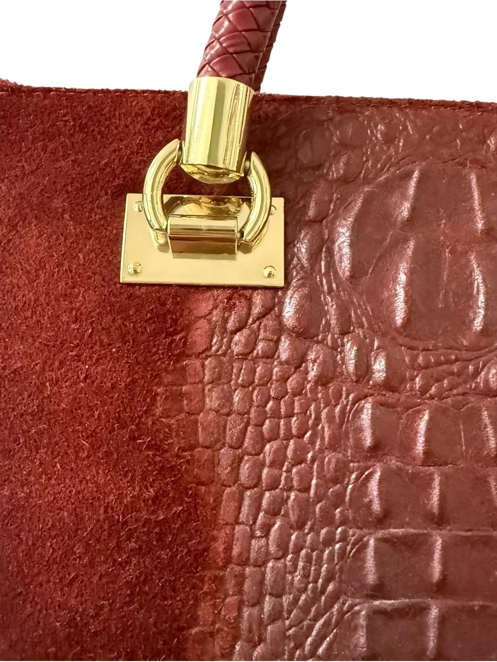 Vera Pelle Burgundy Croc-Embossed Suede Top-Handle Satchel